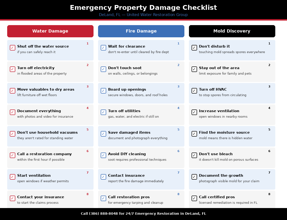 Emergency property damage checklist for water damage restoration in DeLand FL