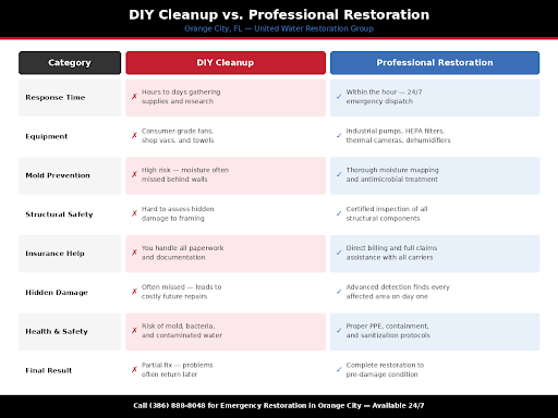 DIY cleanup vs professional water damage restoration comparison for Orange City FL